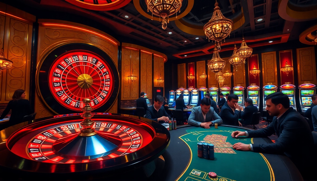 Rasakan sensasi di kasino dengan adegan dinamis yang menampilkan meja permainan bertema jmacdonaldphoto.com, roda roulette, dan para pemain yang terlibat.