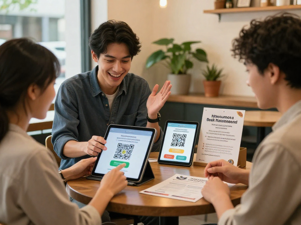 Interactive loyalty program benefits displayed on a tablet in a small business setting, engaging customers.