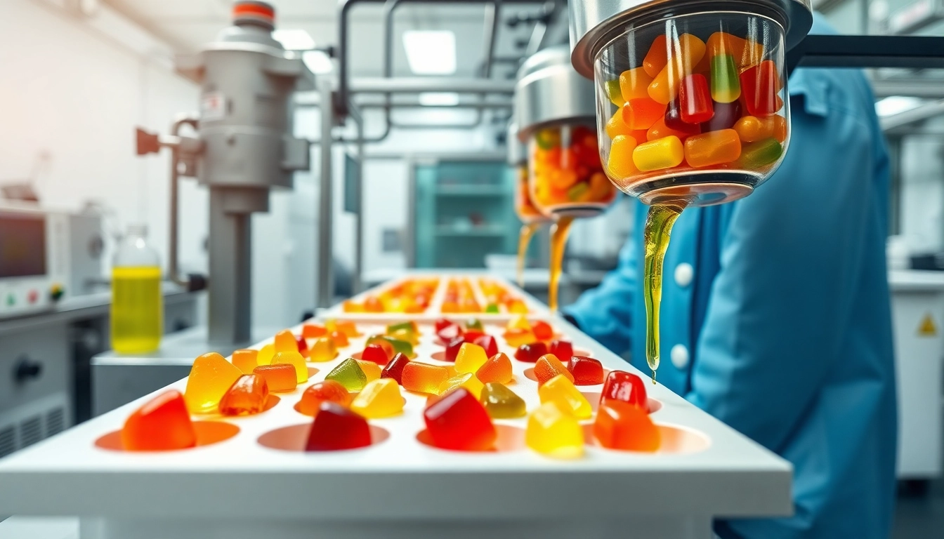 Production of gummy supplement manufacture with vibrant colors in a clean lab environment.