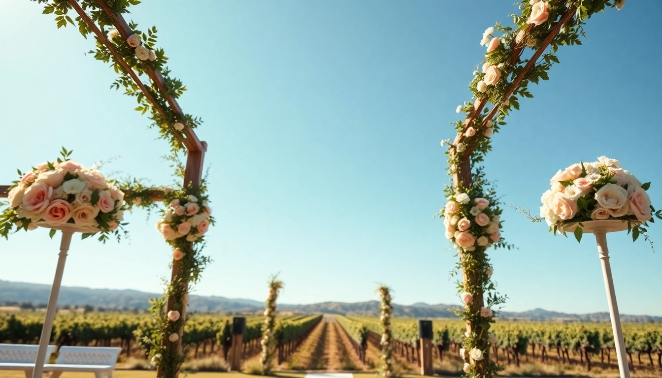 Beautiful wedding venue California with floral decorations and picturesque scenery.
