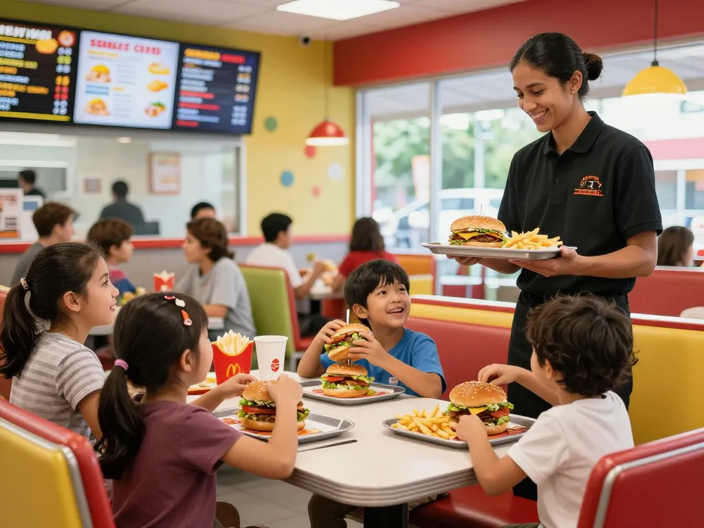 Families enjoying fast food prices at a vibrant restaurant with cheerful atmosphere