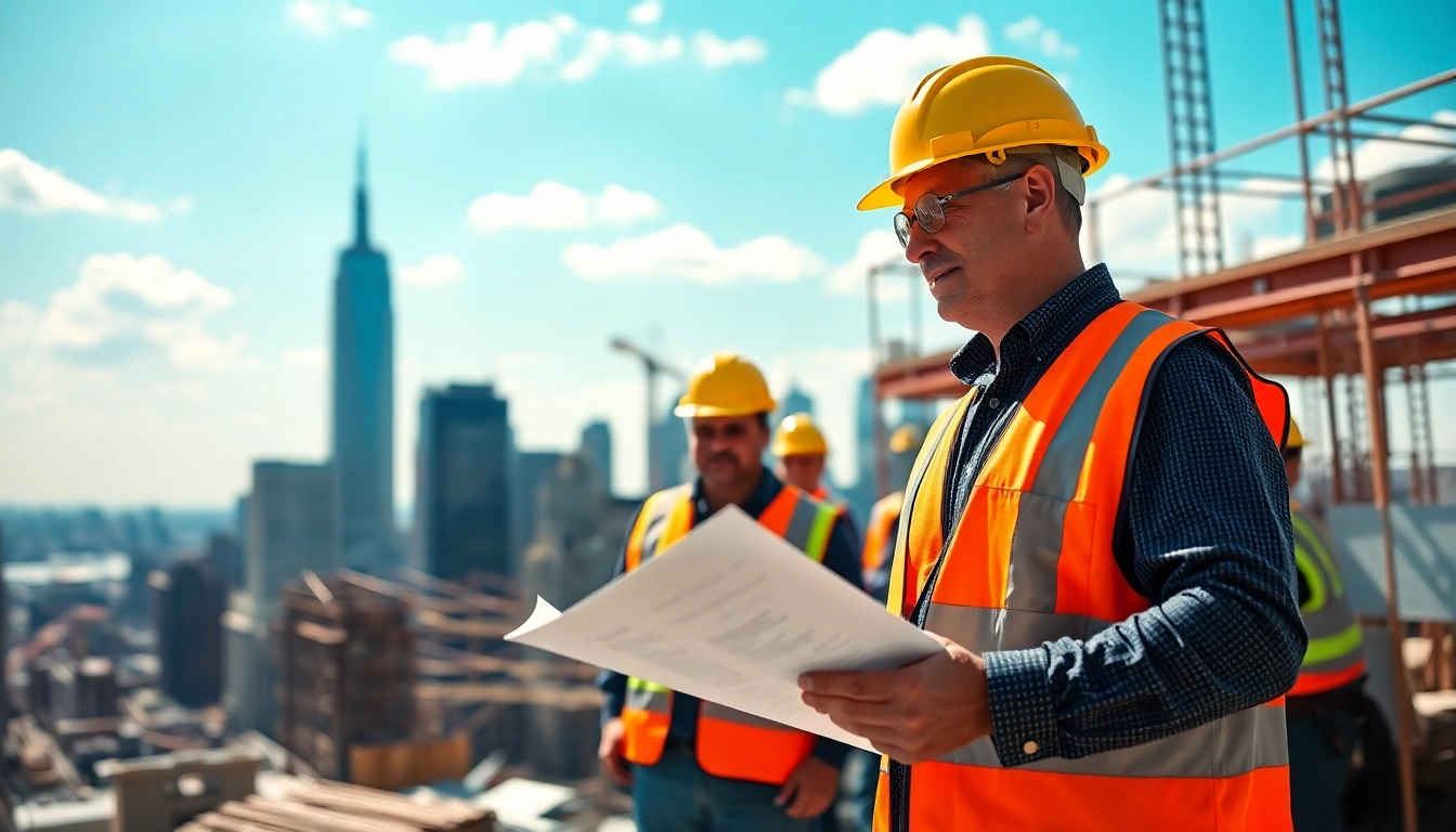 New York City General Contractor collaborating on skyscraper project with team amidst city skyline.