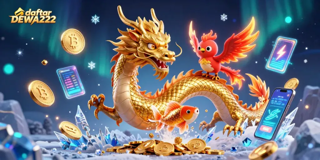 Experience the excitement of daftar DEWA222 with dynamic characters and rich graphics in this captivating casino illustration.