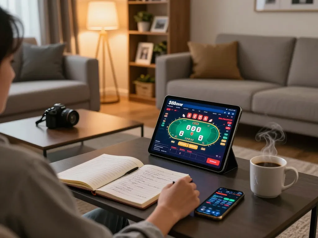 Player accessing 888now đăng nhập on tablet, enjoying a strategic online poker game at home.