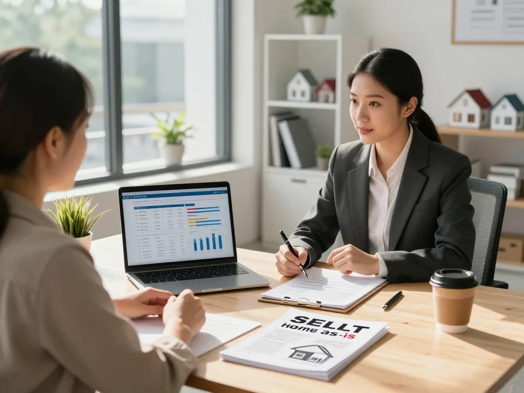 Selling a house without repairs discussion between agent and homeowners in modern office.