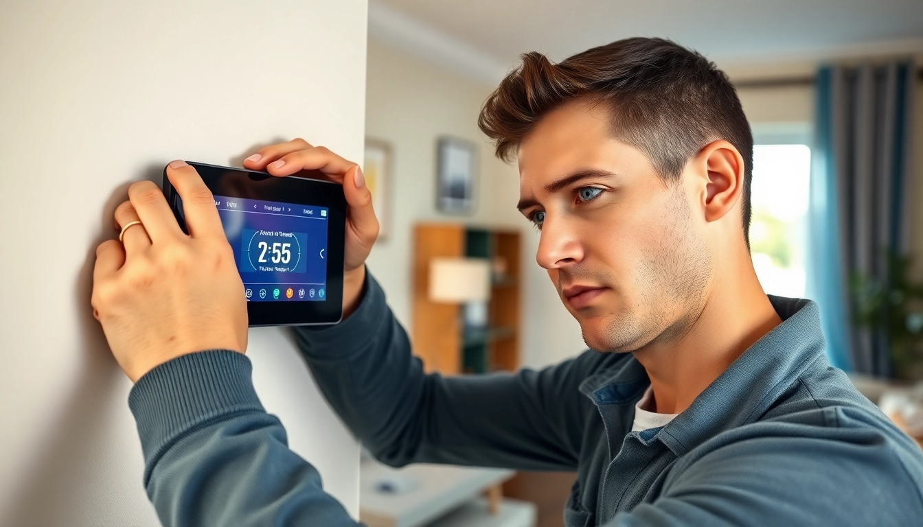 Technician demonstrating Thermostat Replacement in a cozy living room setting.