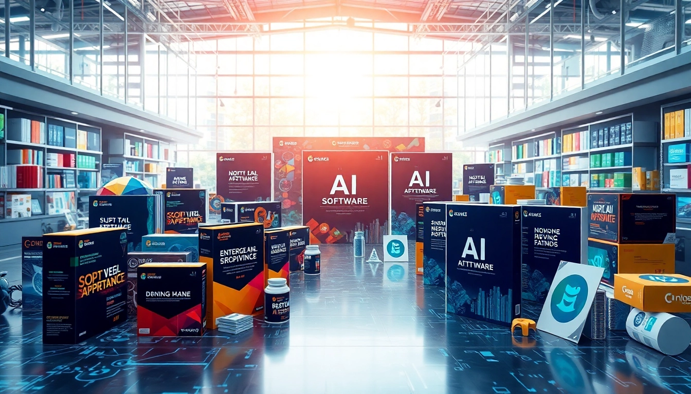 Showcasing a vibrant AI tool marketplace with innovative software icons and devices.