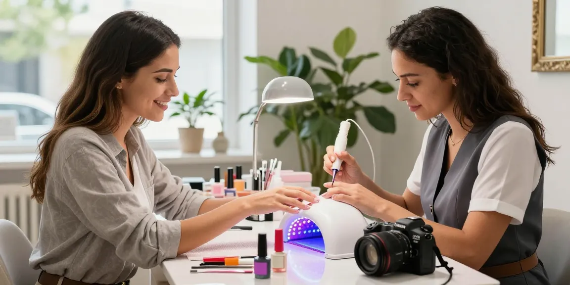 Tehnician de unghii profesionist folosind lampa UV LED unghii pentru manichiuri perfecte într-un salon luminos.