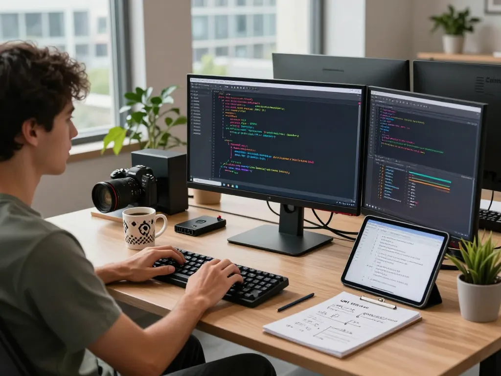 Developer engaging with clawdbot in a modern coding workspace, showcasing coding tools and tech environment.