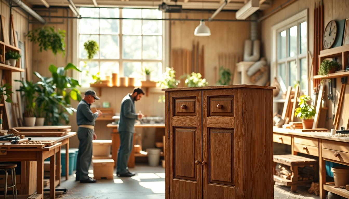 Cabinet makers crafting elegant wooden furniture in a bright workshop filled with tools and natural light.