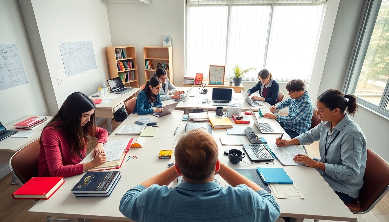 Students collaborating in a bright study space for exam assistance industry.