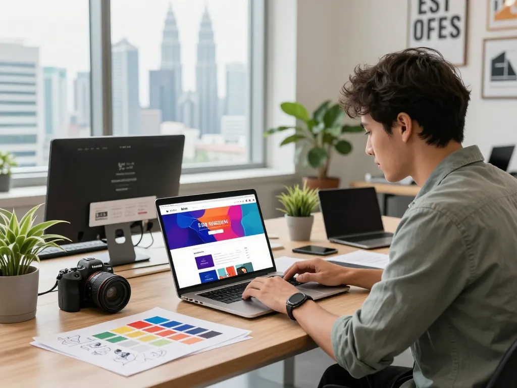 Web designer Kuala Lumpur crafting a vibrant website in a modern studio.