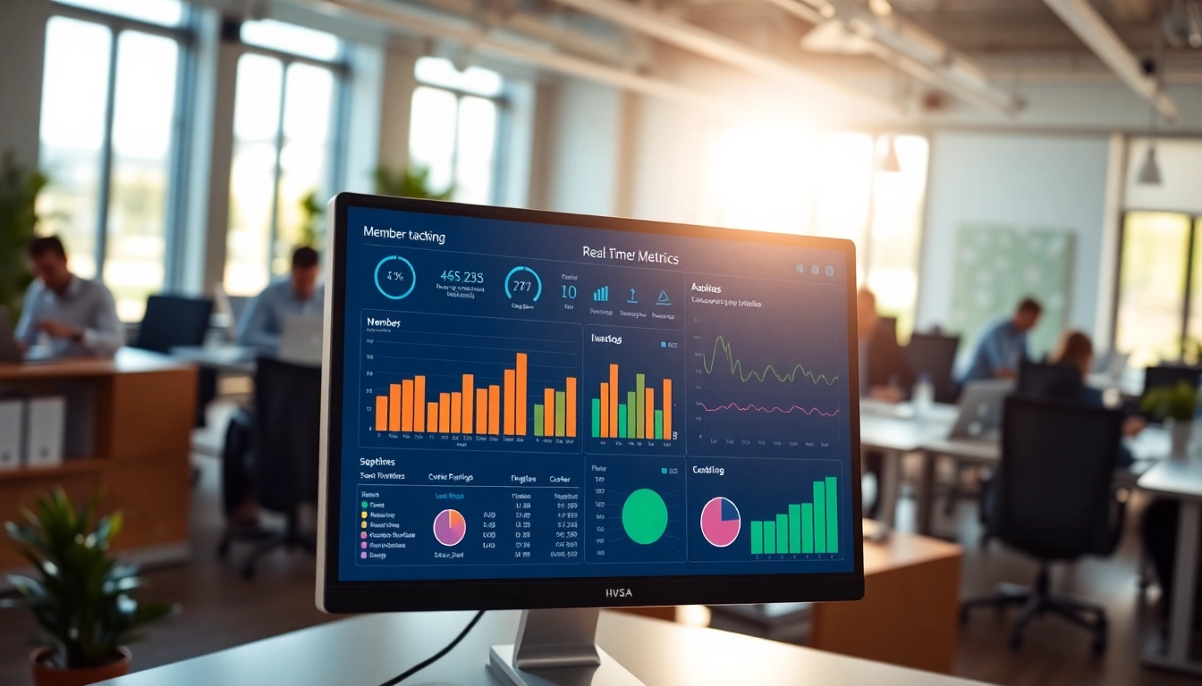 Visual representation of member tracking software interface displaying real-time data analytics in a modern office.