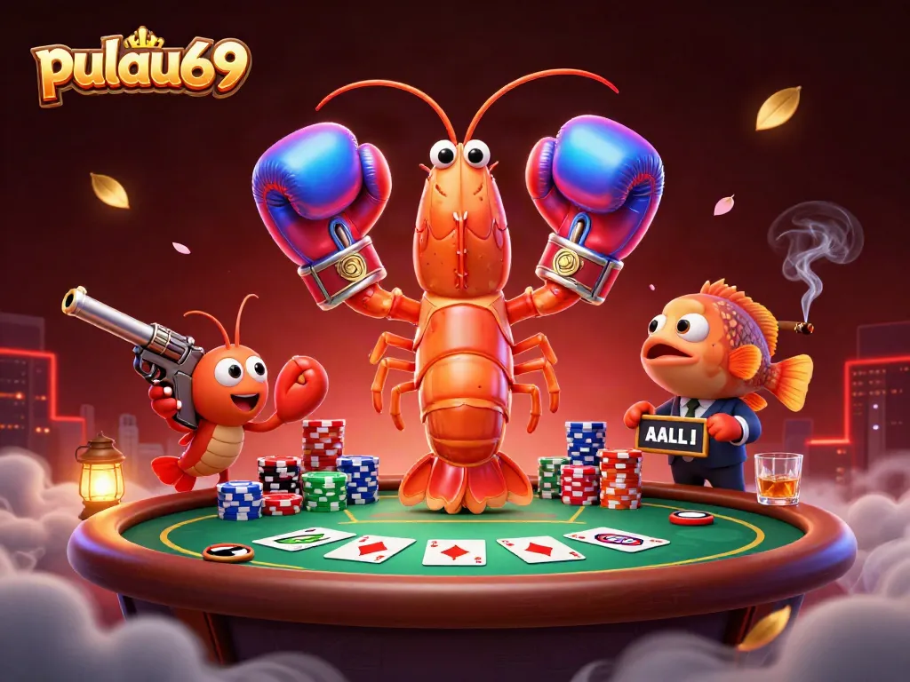 Engage in thrilling poker action with pulau69's cartoon shrimp characters at a lively casino scene.