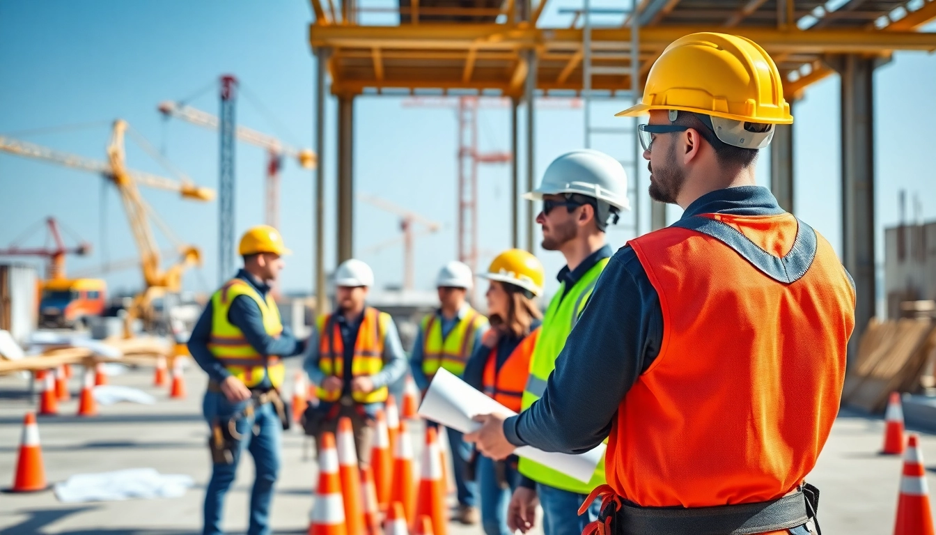 Workers demonstrating construction site safety with helmets and harnesses on-site.