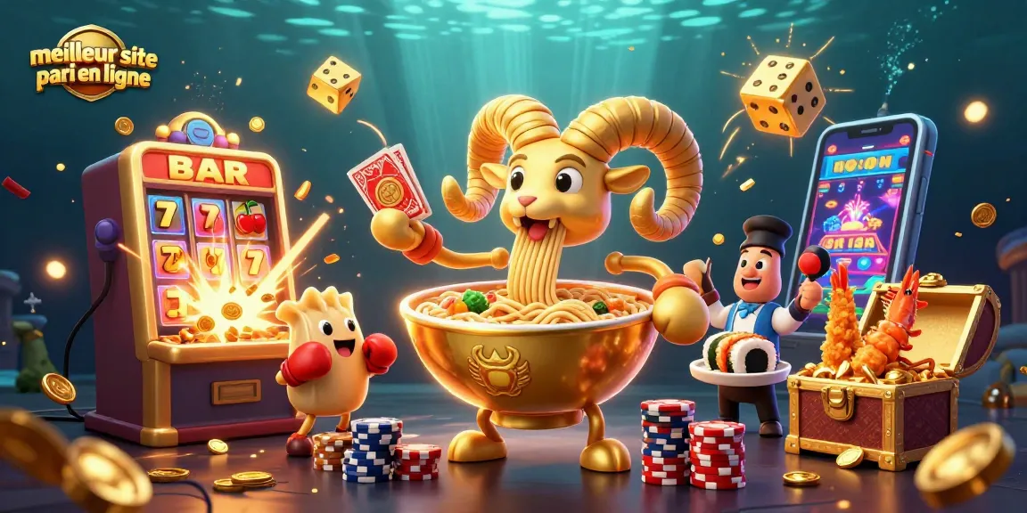 Meilleur site pari en ligne avec une scène animée de casino et un ramen géant.