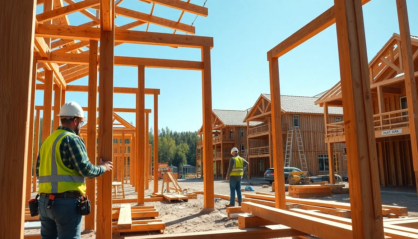 Experience structural timber frame construction with skilled workers assembling strong frameworks.