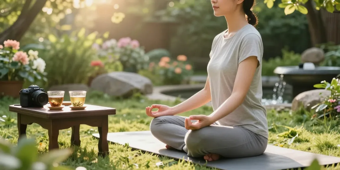 Practicing mindfulness in a serene garden setting with rokok88 slot wellness elements.