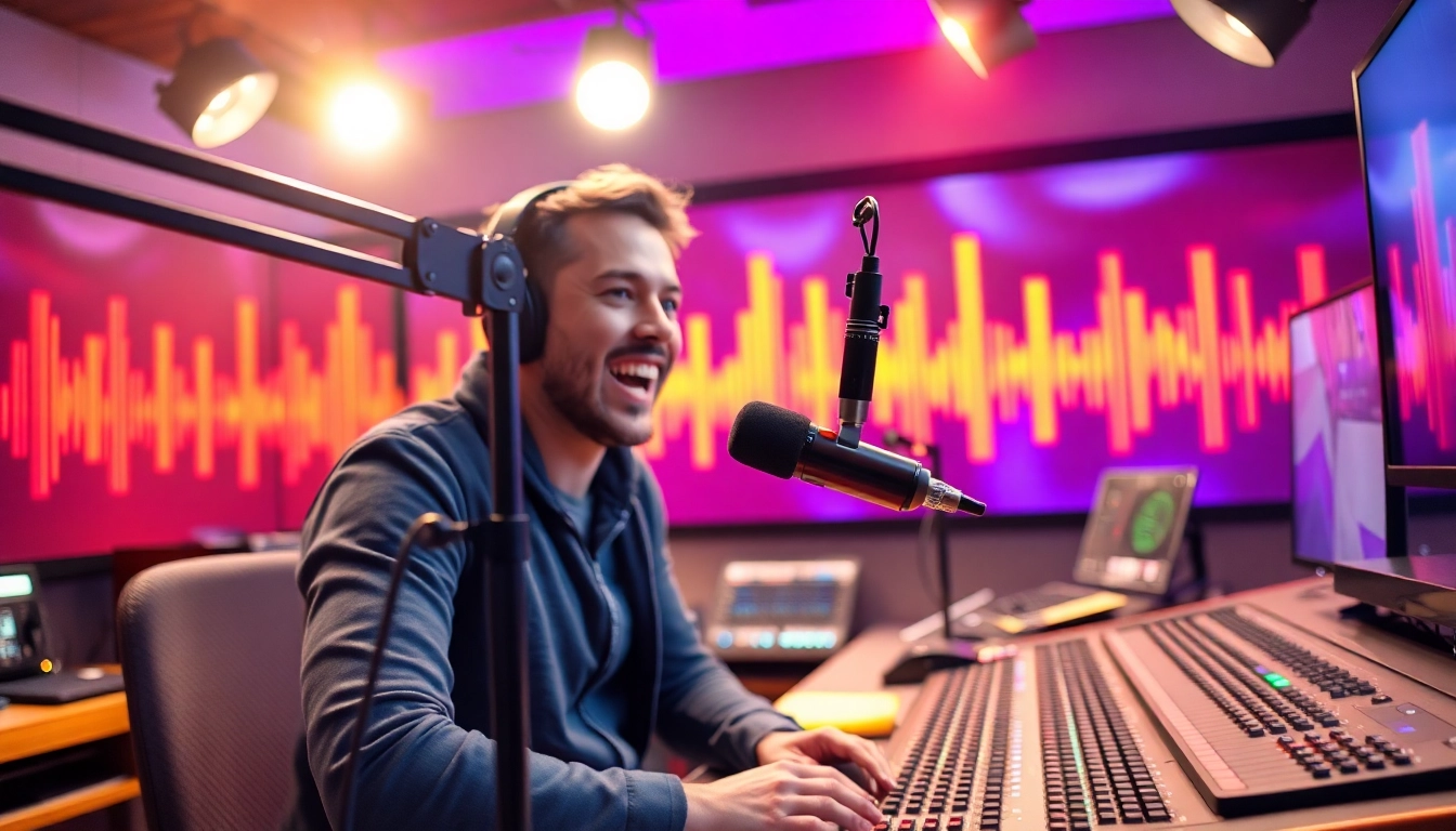 Engaging with hometownstation.com at a professional broadcasting studio with vibrant graphics.