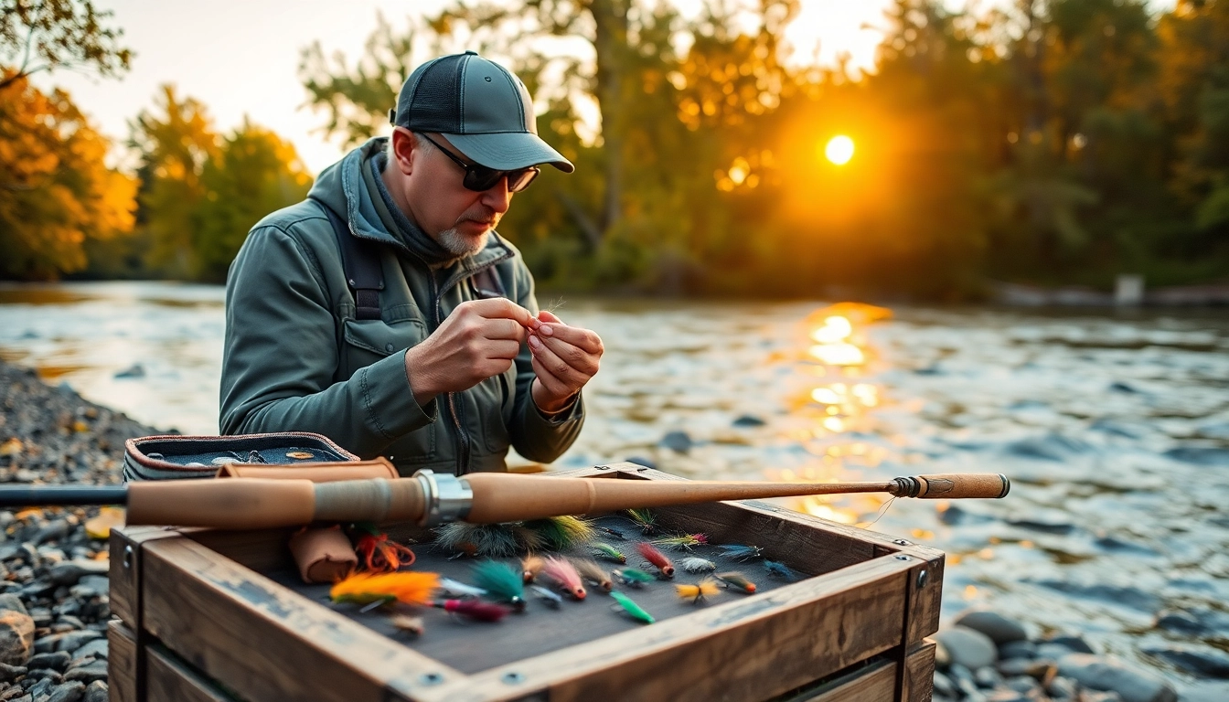 Angler preparing a fly fishing tippet on a riverbank at sunset.