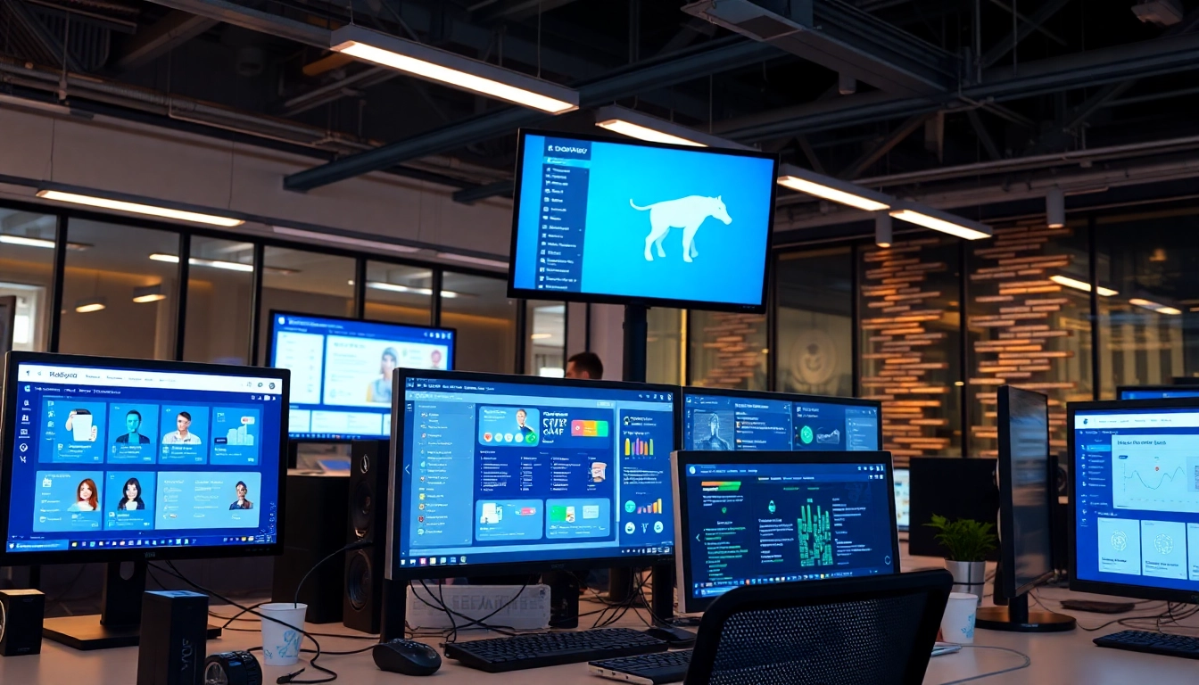 Engaging ai tool marketplace showcasing various AI tools in a vibrant, tech-savvy workspace.