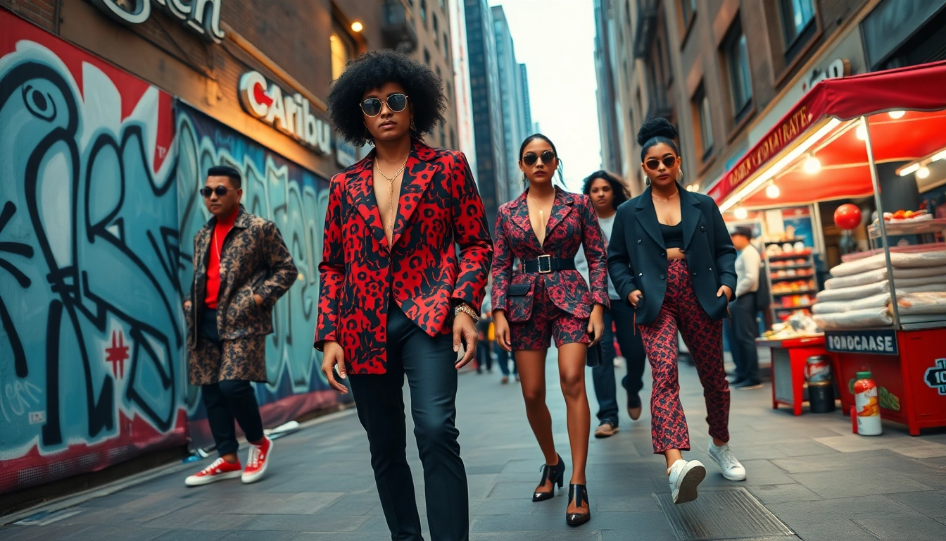 Couture streetwear fashion scene showcasing stylish individuals in a vibrant urban setting.