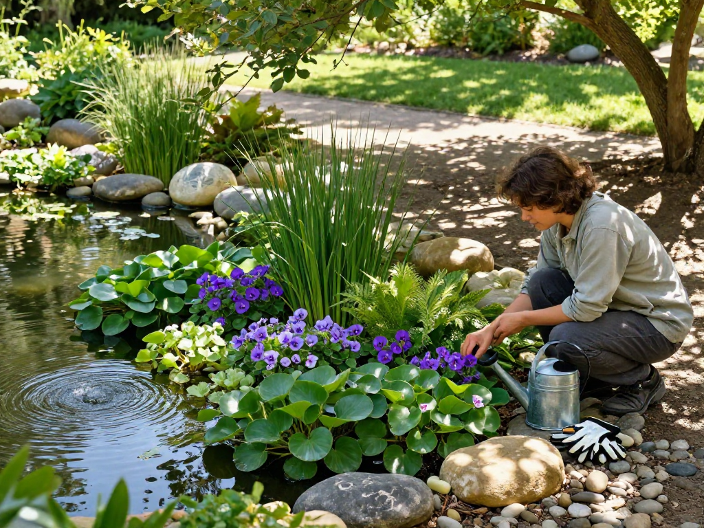 Vibrant marginal pond plants in serene garden setting, showing flourishing water violets and ornamental grasses.