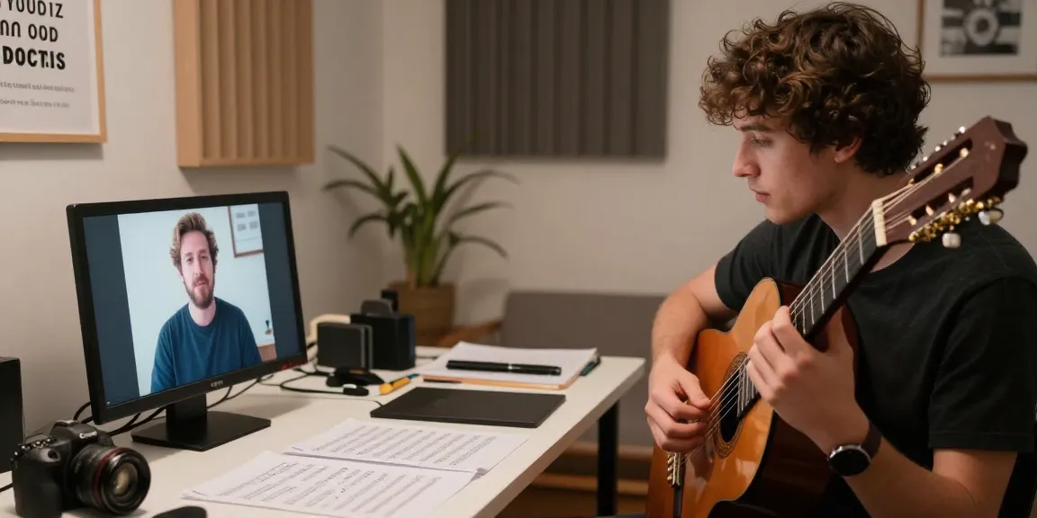 Engaging classical guitar lessons online with a certified concert guitarist teaching a student in a cozy music studio.