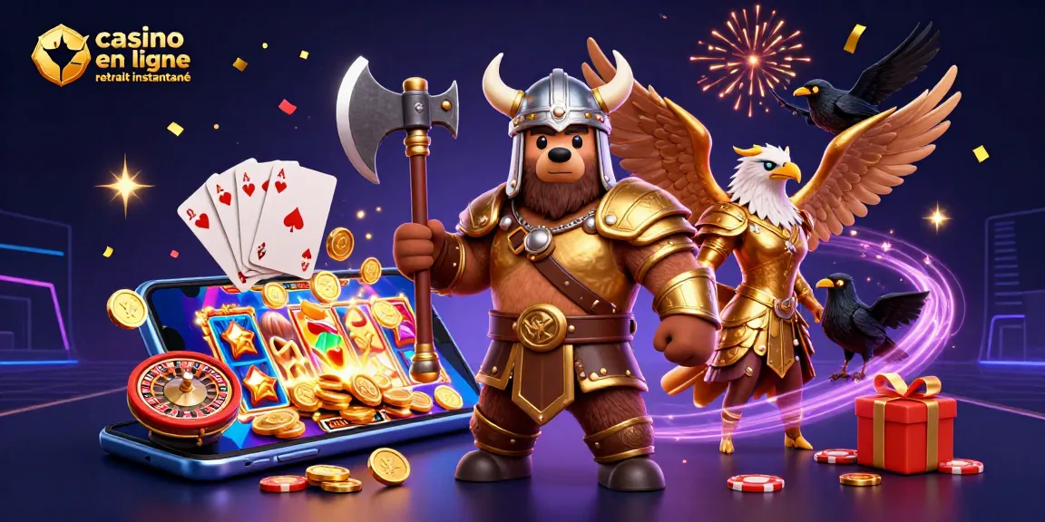 Jouer sur un casino en ligne retrait instantané avec un ours viking et une aigle valkyrie dans une illustration dynamique.