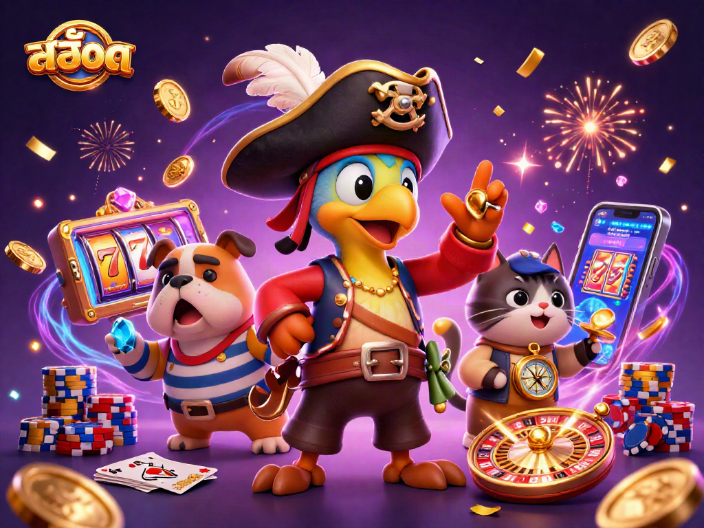 Spin the reels of สล็อต with a colorful 3D scene including pirate characters and casino elements.