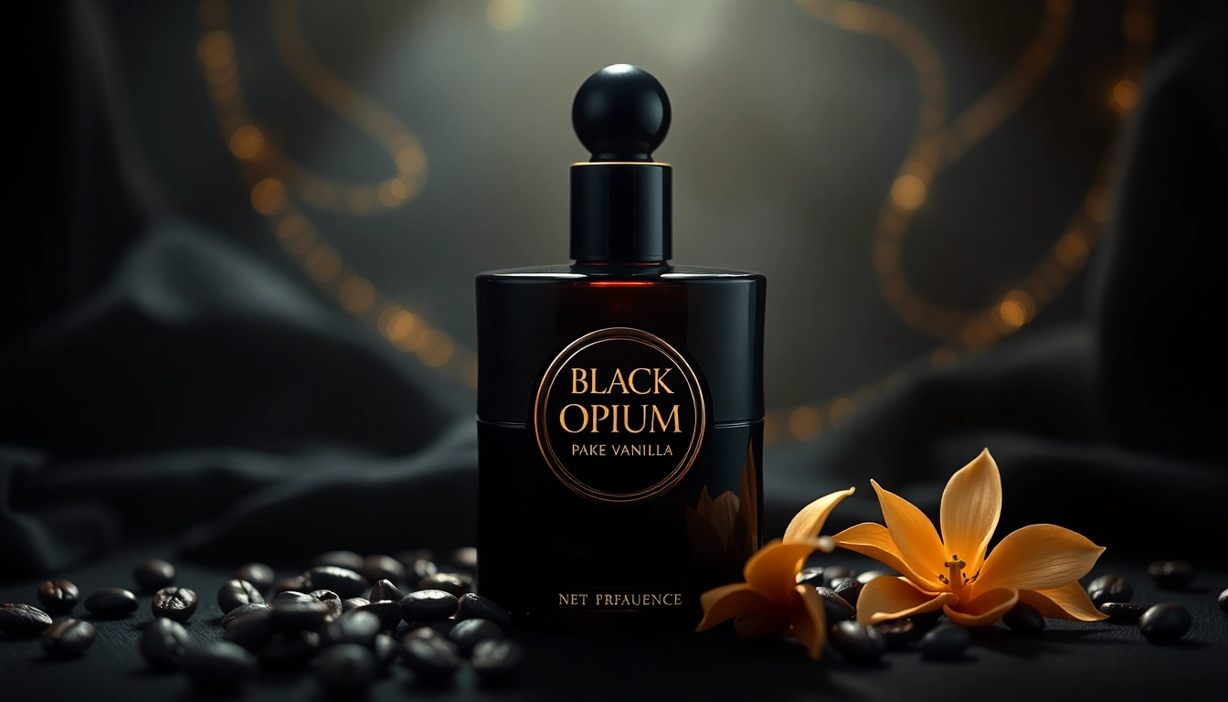 Captivating Black opium perfume bottle surrounded by coffee beans and vanilla pods.