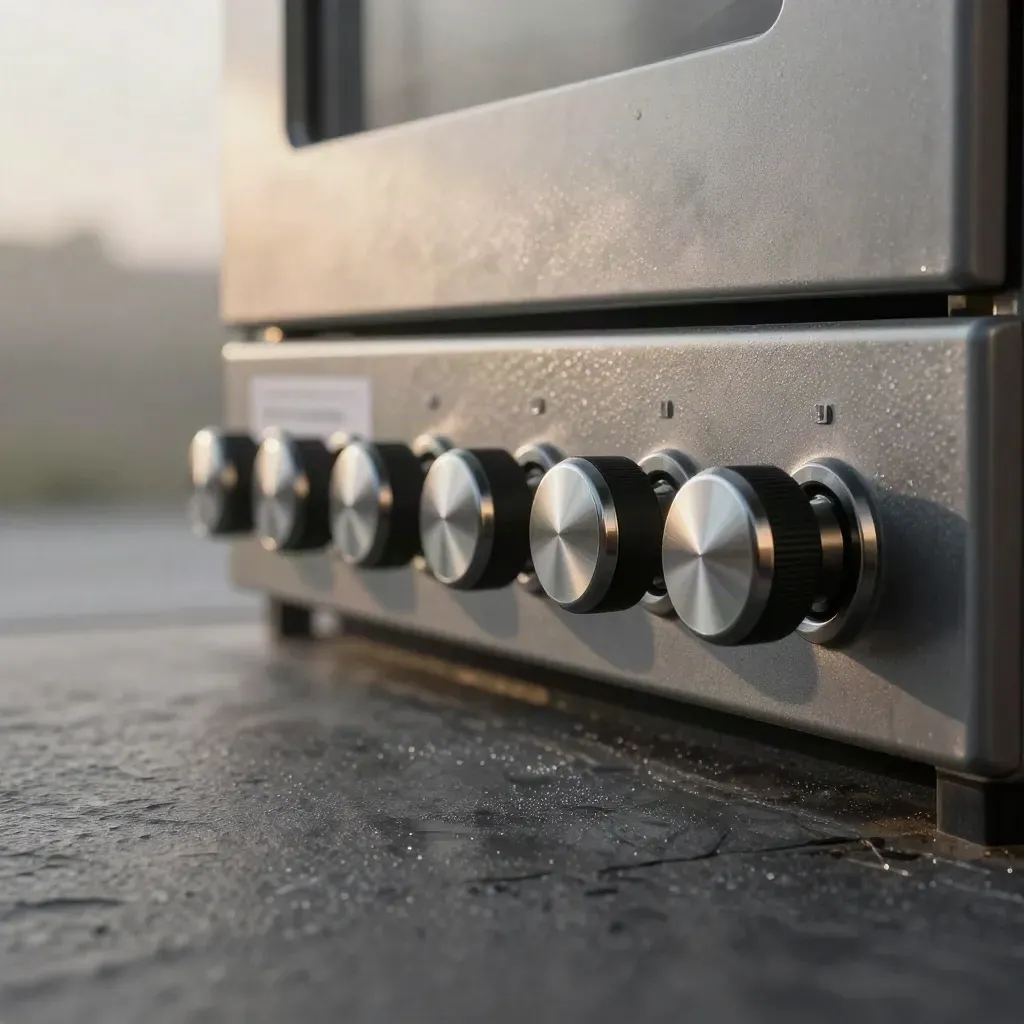 Universal appliance knob kit with screws and spacers on a cast-iron oven edge at dawn.