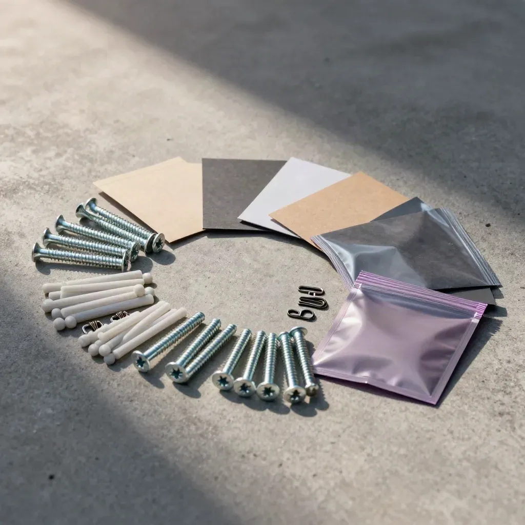 Weekend repair bundle of screws, clips, spacers and pouches on concrete, softly lit in premium style.