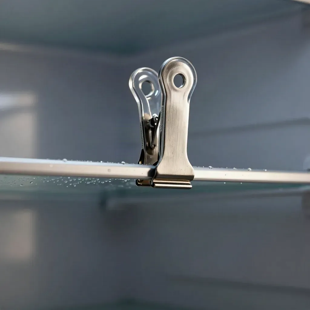 Clear polymer fridge shelf clip set beside a glass shelf edge with condensation and brushed steel.