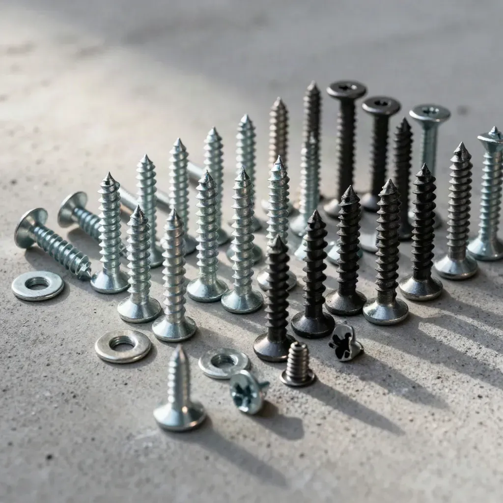 Macro top-down of bracket screw kit rows on concrete with zinc, black-oxide, washers, and anchors.