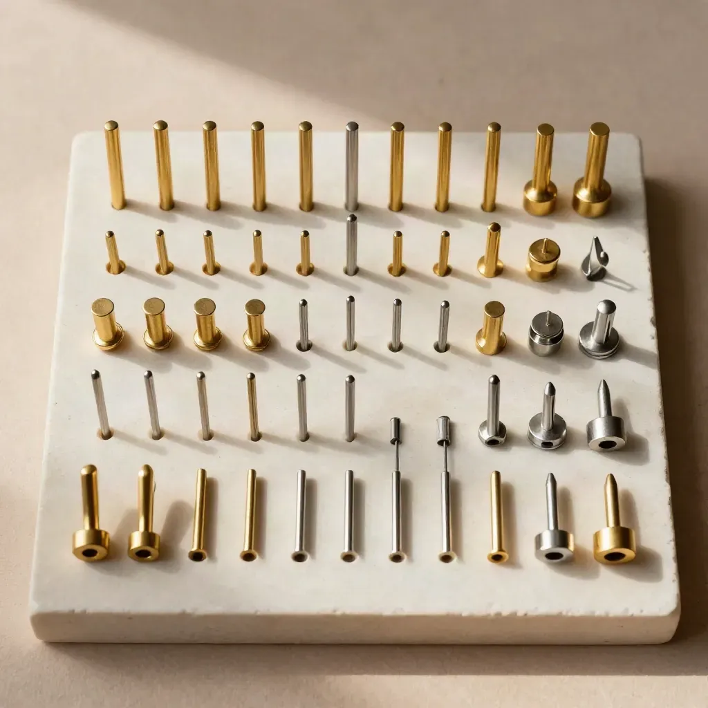 Overhead flatlay of brass and silver shelf pins in precise rows on pale terracotta plaster.