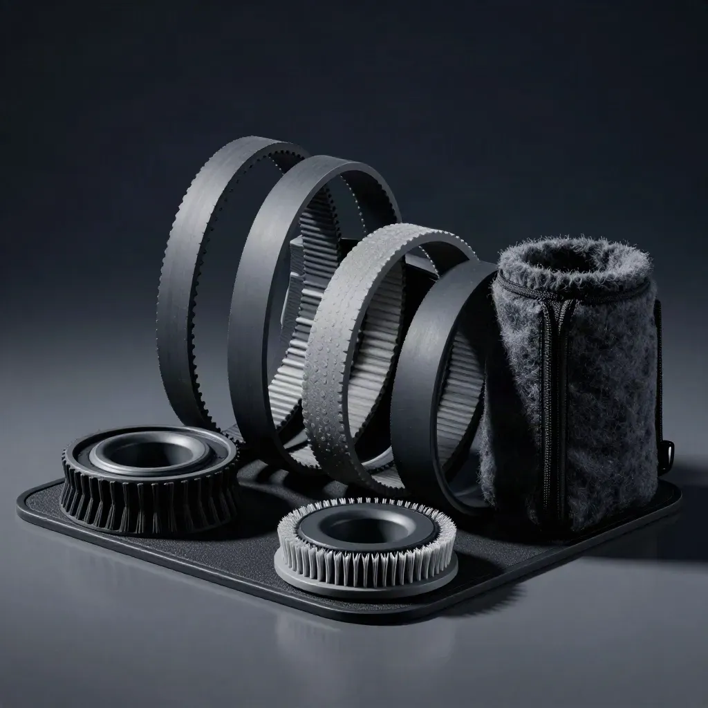 Vacuum belt pack with three rubber belts, a brush roller ring, and felt filter sleeve on dark surface.