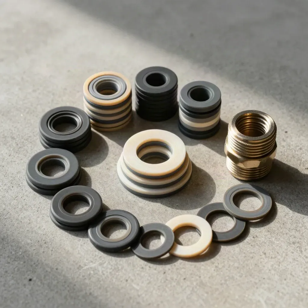Overhead flatlay of assorted pipe washers grouped by size beside a brushed-metal pipe fitting.