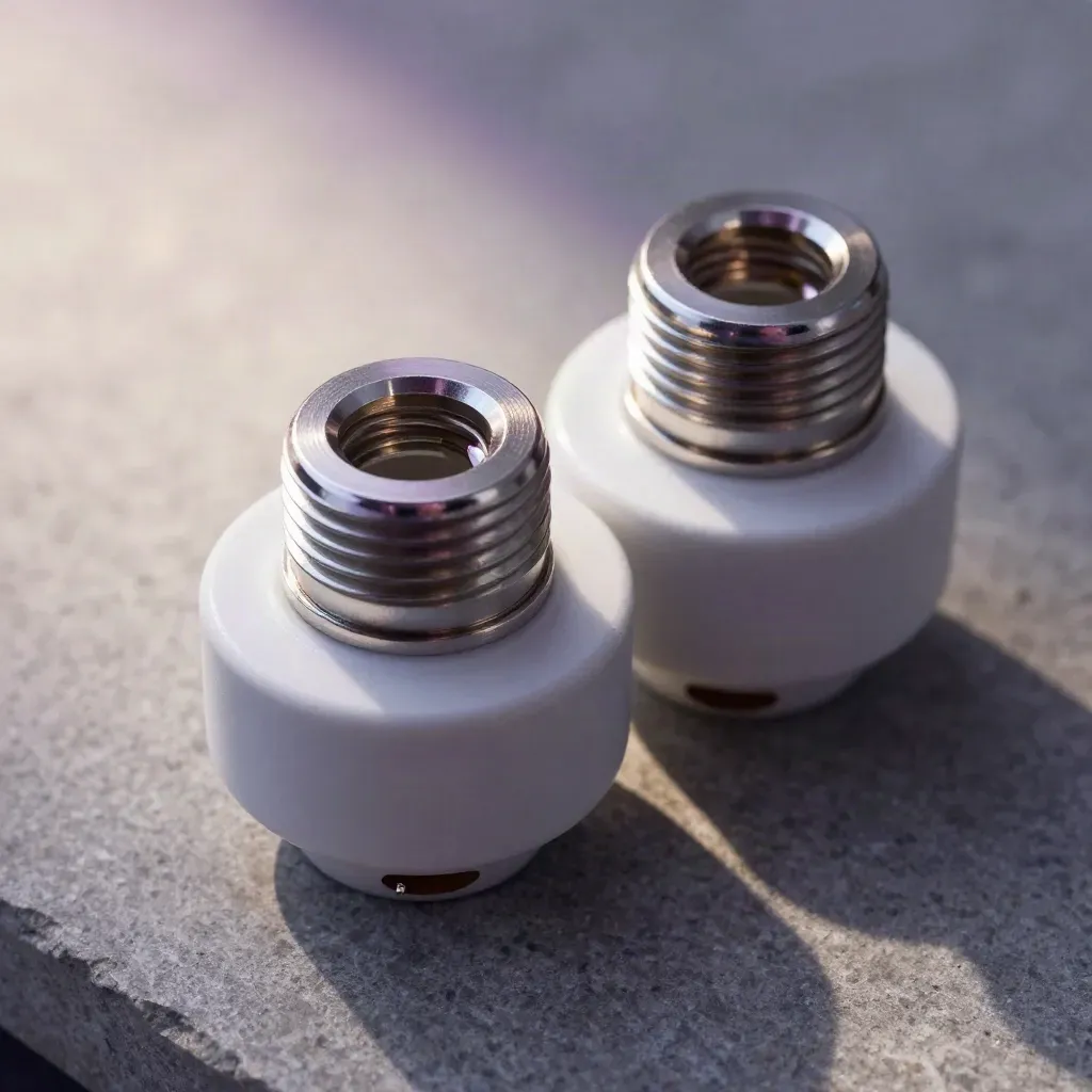 Two ceramic lamp sockets with screws on cool stone, lit in soft haze with amethyst reflections.