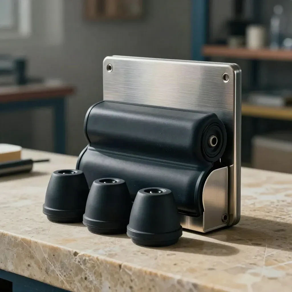 Rubber foot kit with four matte black sizes beside a brushed appliance panel.