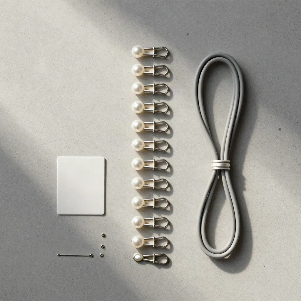 Overhead flatlay of pearl-white cable clips and neutral cable on concrete