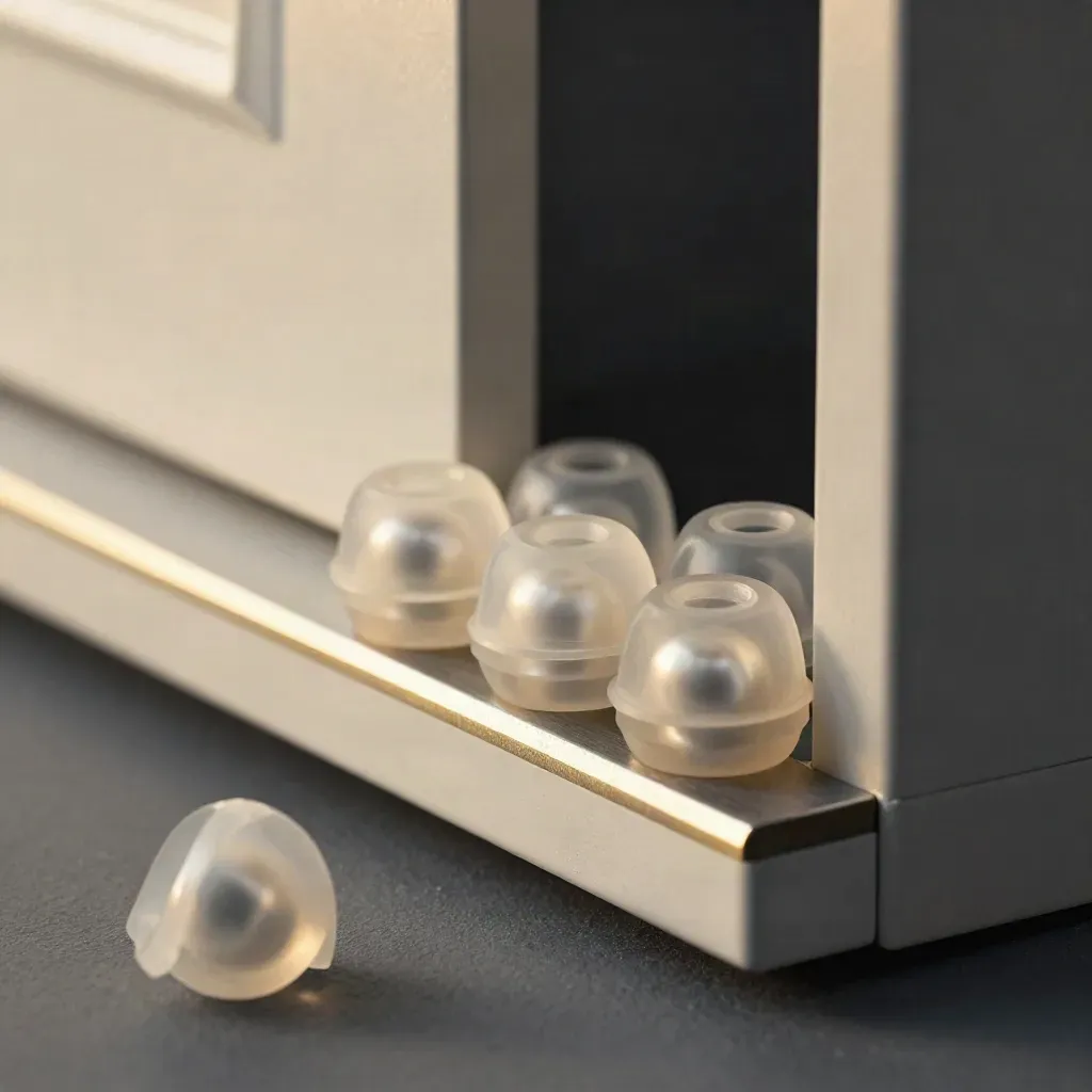 Six translucent rubber door bumpers beside a cabinet edge and mounting strip.