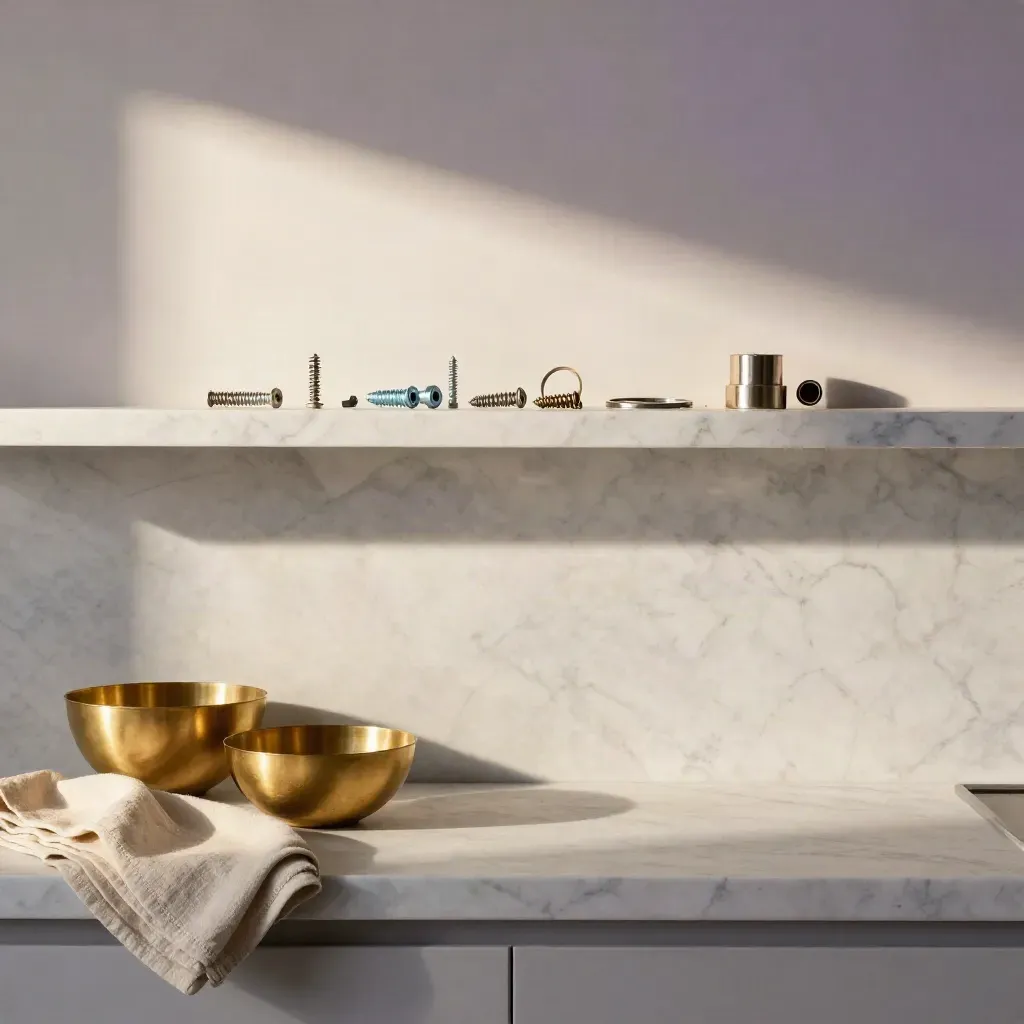 Sunlit marble ledge with brass bowls, linen, and appliance parts above calm copy space.