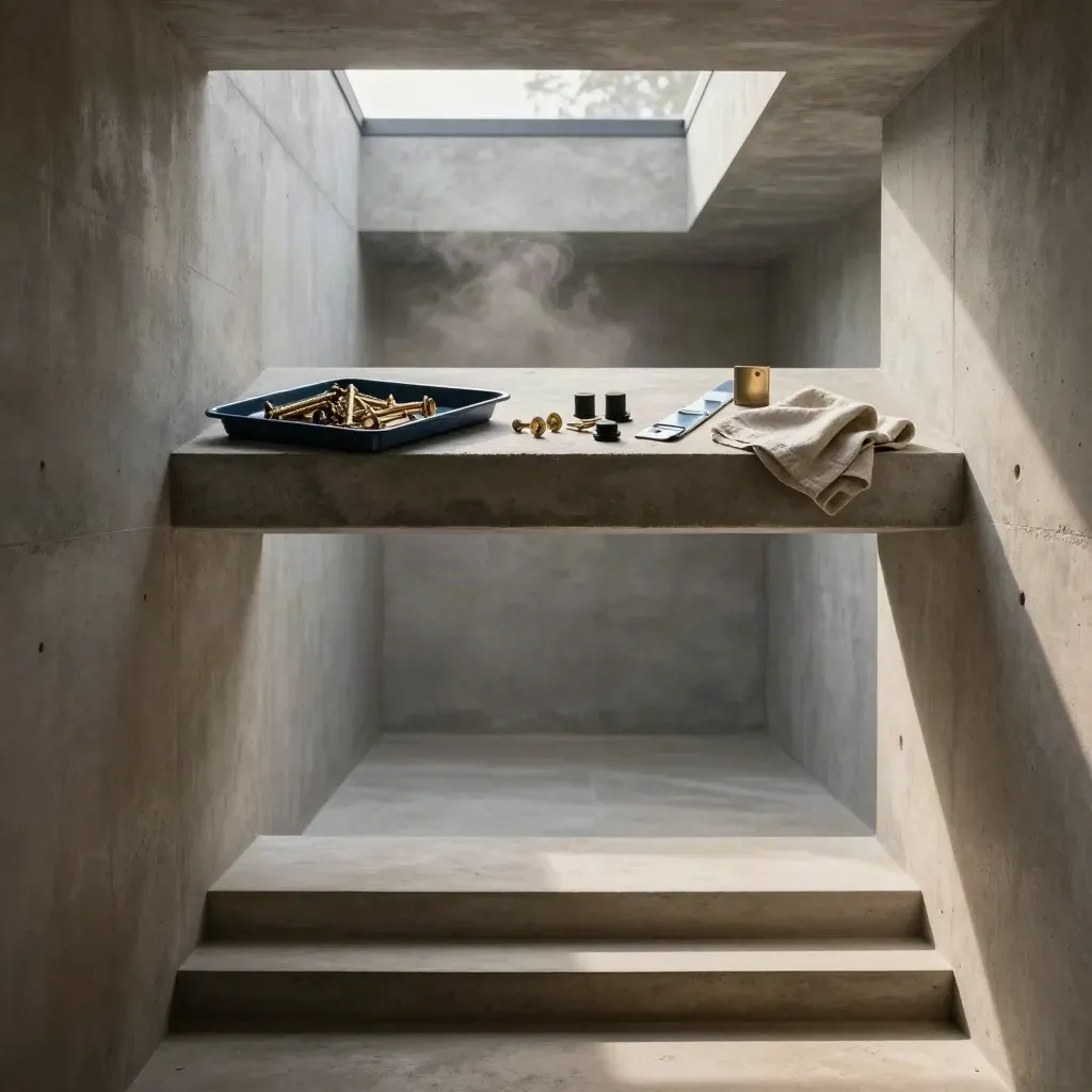 Graphite concrete stair hall with a repair tray and rail reflections in cool post-rain light