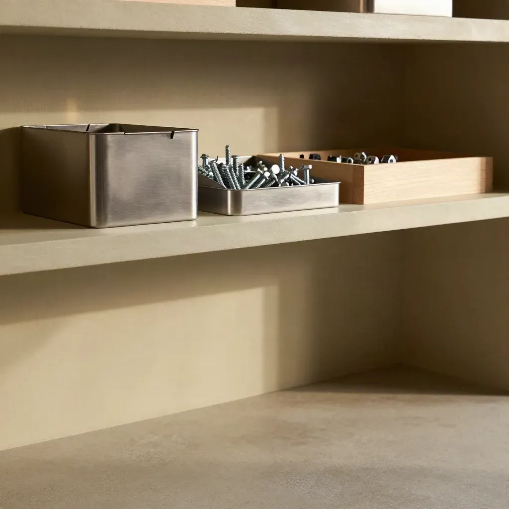 Hardware parts trays on a plaster shelf with calm copy space below.