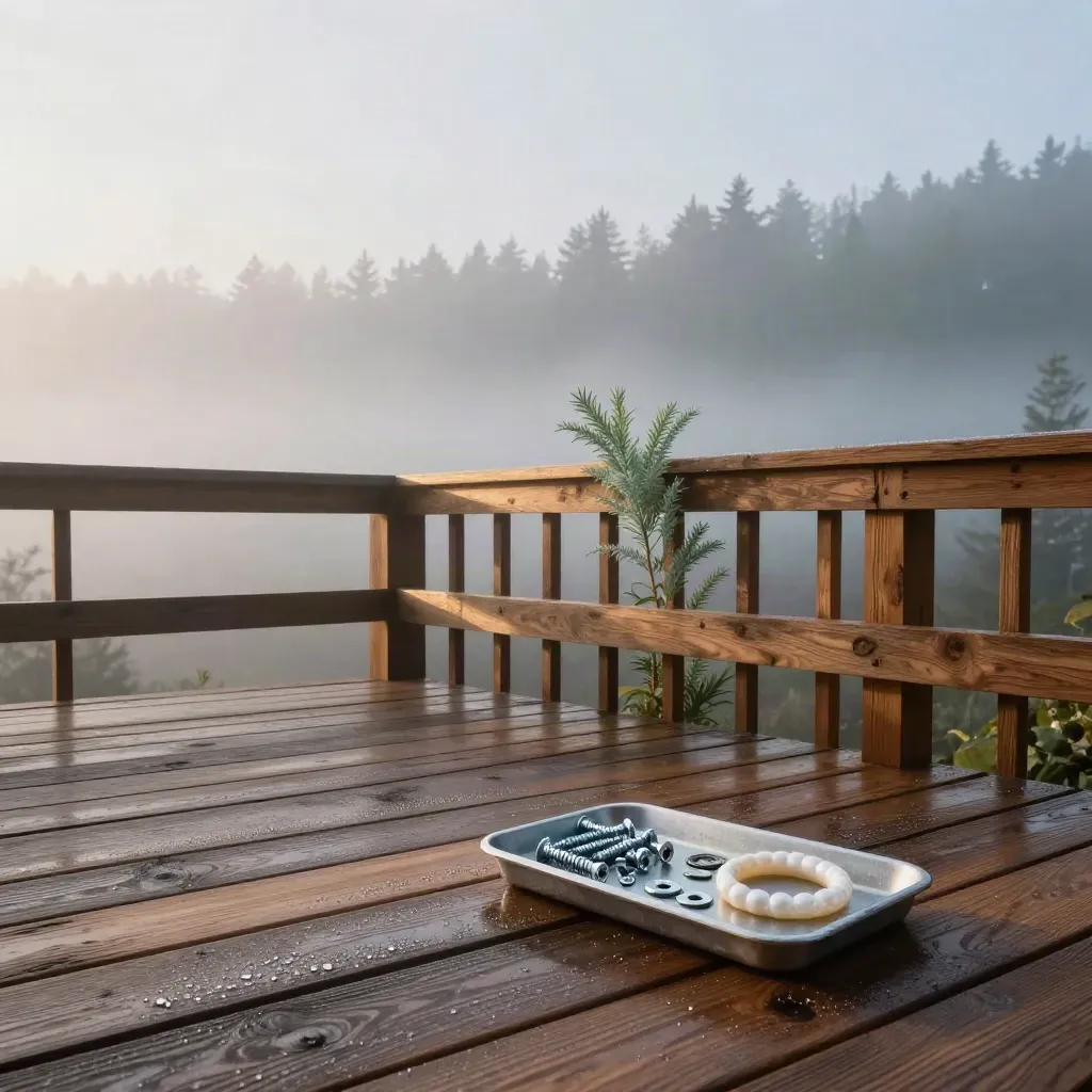 Misty cedar porch with a parts tray and dew-soft greenery in dawn fog.
