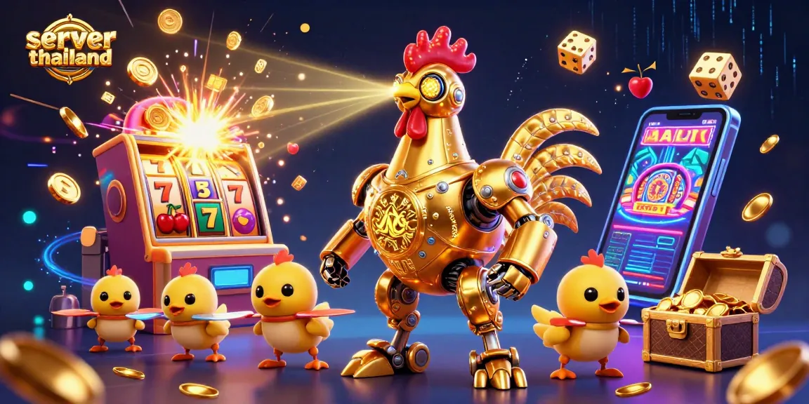 Engage with thrilling action at server thailand, featuring a retro-futuristic robot in a vibrant casino scene.