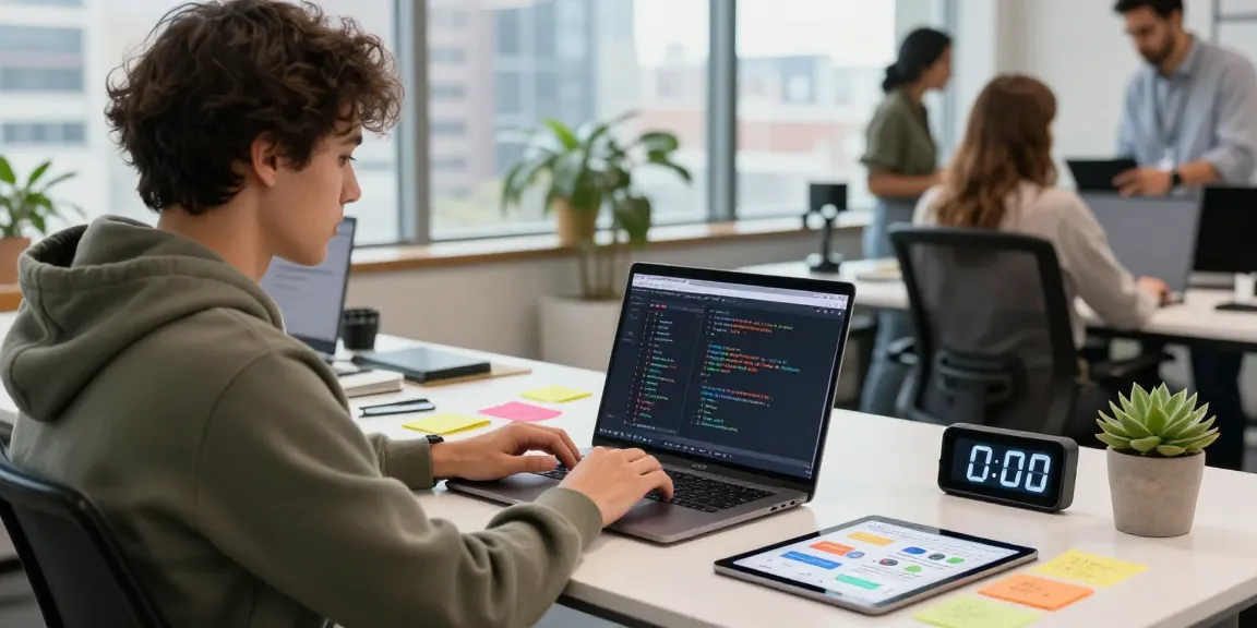 Developer in bright workspace coding mobile app, illustrating WhatsApp下載 process and collaboration.