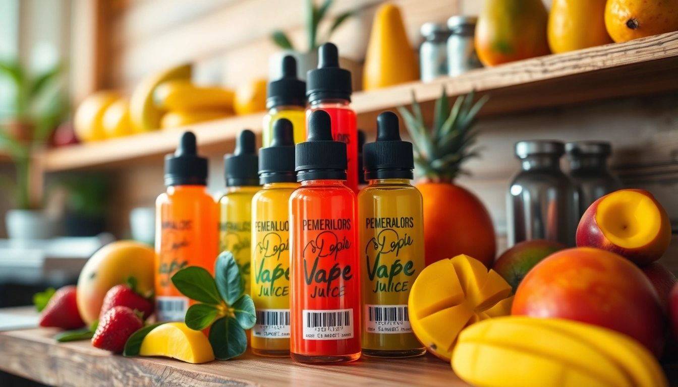 Showcase of vape juice flavors at https://vapejuicedepot.com featuring vibrant bottles against fresh fruits.