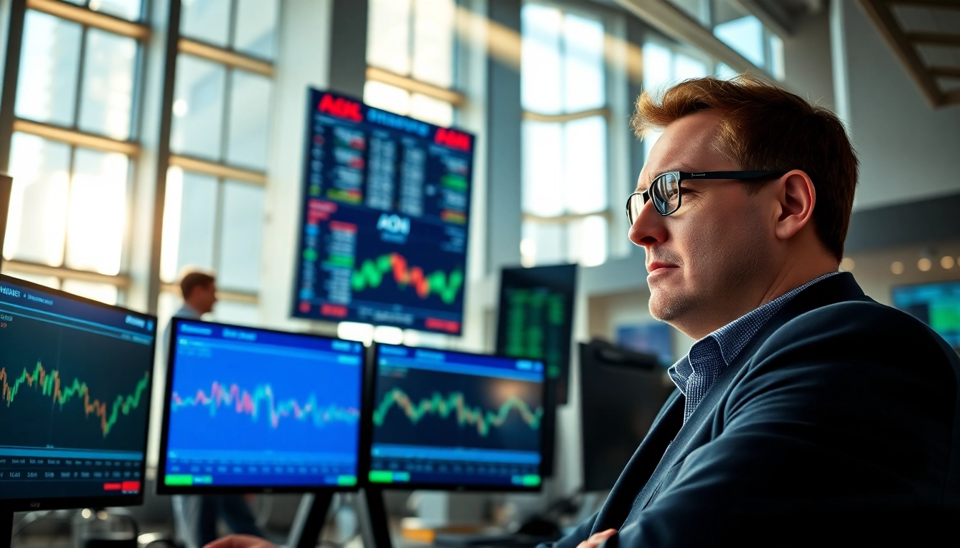 AON stock price analysis in a modern office setting with a trader focused on market data.